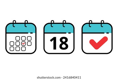 Three calendar icons in different formats. Calendar flat icons for sits blogs and graphic resources. Calendar with a specific day marked, day 18.