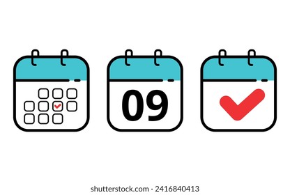 Three calendar icons in different formats. Calendar flat icons for sits blogs and graphic resources. Calendar with a specific day marked, day 09.