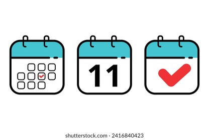 Three calendar icons in different formats. Calendar flat icons for sits blogs and graphic resources. Calendar with a specific day marked, day 11.