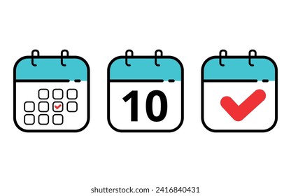 Three calendar icons in different formats. Calendar flat icons for sits blogs and graphic resources. Calendar with a specific day marked, day 10.