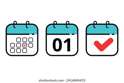 Tres iconos de calendario en diferentes formatos. Iconos planos de calendario para los blogs y los recursos gráficos. Calendario con un día específico marcado, día 01.