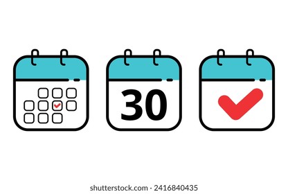Three calendar icons in different formats. Calendar flat icons for sits blogs and graphic resources. Calendar with a specific day marked, day 30.