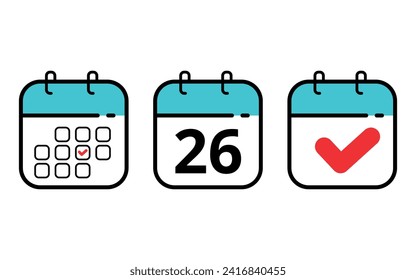 Three calendar icons in different formats. Calendar flat icons for sits blogs and graphic resources. Calendar with a specific day marked, day 26.