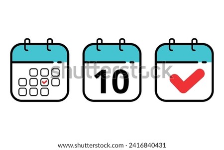 Three calendar icons in different formats. Calendar flat icons for sits blogs and graphic resources. Calendar with a specific day marked, day 10.