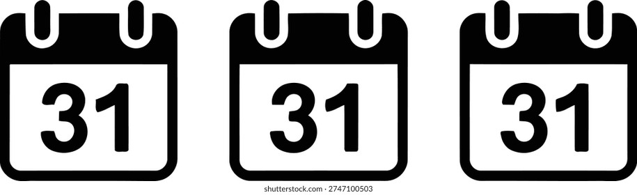 Three calendar icons displaying the date thirty-first with black and white color scheme Vector