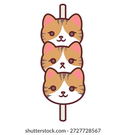 Drei Calico Katzenköpfe gestapelt auf einem Spieß wie japanische Dango Dessert