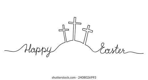 Three Calvary Crosses on the hill and lettering Happy Easter. Christianity religion concept.