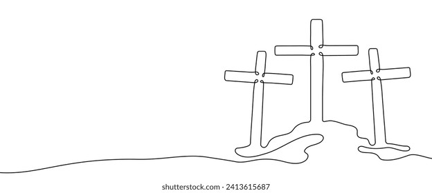 Three Calvary crosses on hill one continuous line banner template with copy space for text. Minimal vector illustration isolated on white background. Crucifixion of Jesus Christ, resurrection concept