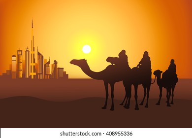 Three Camel Riders At The Sunset In The Desert On The Dubai City Background Vector Illustration