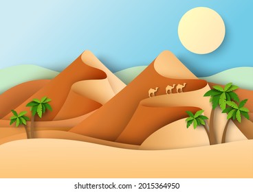 Three camels roaming desert, vector illustration in paper art style. Sand dunes, desert landscape.