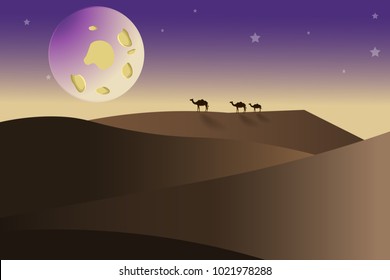 Three camels walk on the desert at night,Fantasy Concept.vector art and illustration.
