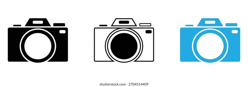 Tres íconos de cámara en negro, blanco y azul para Fotografía, diseño o proyectos creativos, perfectos para Sitios web, App y marca de redes sociales