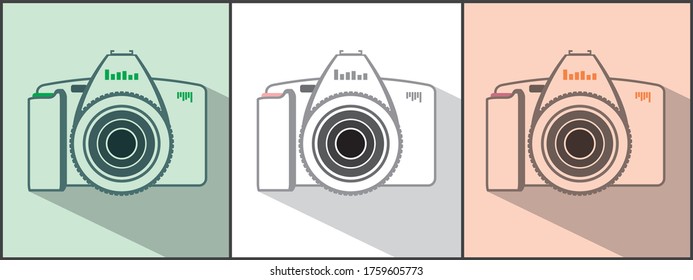 Three cameras of different colors on a mint and peach background. Vector contour isolate in a black frame. Logos for photographers, tourists.