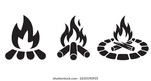 Three Campfire Icons in Black and White Simplistic and Symbolic Depictions of Wildfire Preparedness and Outdoor Survival
