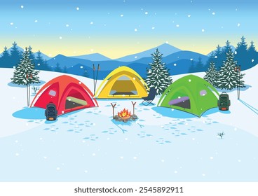 Tres tiendas de campaña, fuego y mochilas de senderismo se encuentran en un prado nevado en las montañas. Hermoso paisaje de invierno. Ocio activo de invierno y Imagen de viaje. Ilustración vectorial.