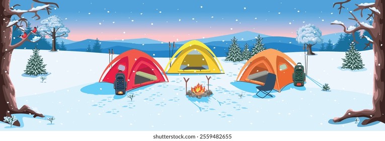 Three camping tents, fire and hiking backpacks stand on a snowy meadow in the mountains. Beautiful winter landscape. Active winter recreation and travel image. Vector illustration.