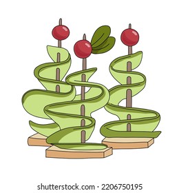 Three canapes in the shape of Christmas trees. Vector illustration on a white background