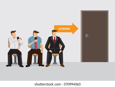 Three candidates sitting outside interview room waiting. Vector illustration on job interview concept.