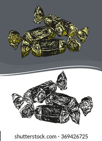 three candies, which are blurted out in a schedule manner in several color options on a decorative rectangular background