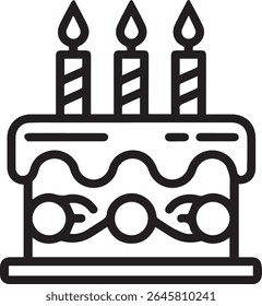 Three Candle Birthday Cake Icon Black Line Art Graphic Design Three Candles Sweet Treat Festive Celebration Party Dessert Sweetness