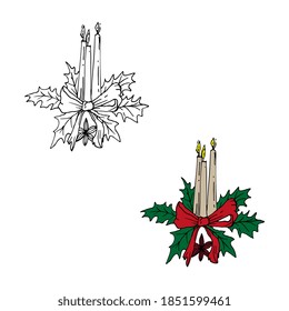 Three candles in a bow, holly vector illustration in color and outline sketch style
