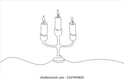 Three candles in a candlestick, one continuous line drawing. Isolated on white background.  Vector minimalist style