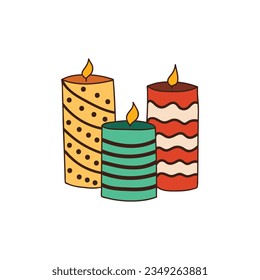 Three candles colorful doodle illustration in vector. Festive and celebration concept with candles colorful outline drawn icon in vector