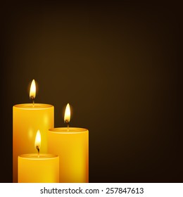 Three candles and dark background. Vector EPS10 illustration. 