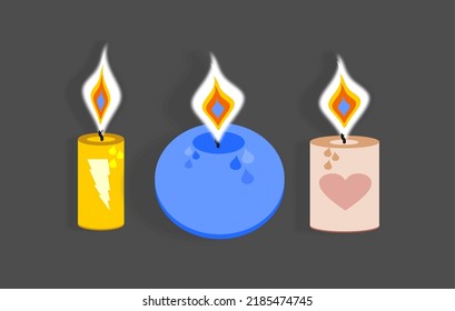 Three candles of different shapes and sizes. The candles are lit, the fire is realistic. Candles in flat style. Relaxation mood.