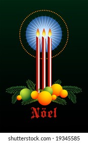 three candles, evergreen branches, and colored globes