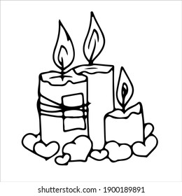 three candles and hearts around simple hand drawn vector illustration isolated on white background