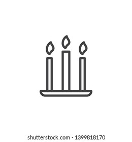 Three candles line icon. linear style sign for mobile concept and web design. Candlestick with three burning candle outline vector icon. Symbol, logo illustration. Vector graphics