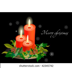 Three candles on black background and snowflakes