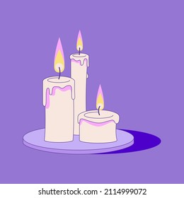Three candles on a purple background. Vector illustration in cartoon style
