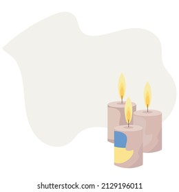 Drei Kerzen des Gedenkens. Brennende Kerzen einzeln auf hellem Hintergrund in einem flachen Design. Blau-gelbe Farbe, symbolisiert die ukrainische Flagge. Vektorgrafik mit Platz für Text. Kartenvorlage