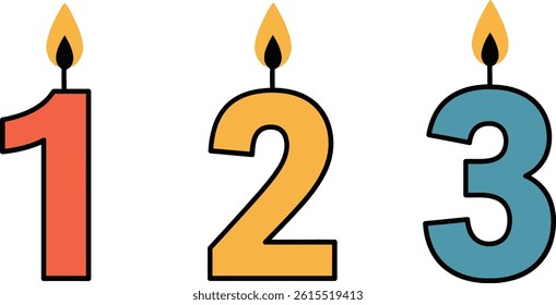 Three candles shaped as numbers one, two, and three in red, yellow, and blue colors with small flames burning on top, presented in a clean minimal style.