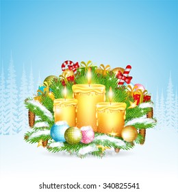 Three candles with snowy fir tree branches and presents. Christmas glossy element on forest landscape background