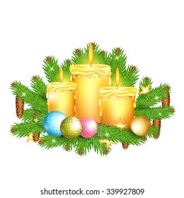 Three candles stand on fir tree branches. Christmas glossy element on white