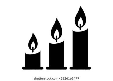 Three candles of varying sizes burning. Symbolizes memorial, remembrance, peace, tranquility, and ambiance. Use for decoration.