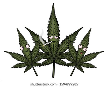 Three cannabis leafs. Cartoon comic character