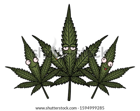 Three cannabis leafs. Cartoon comic character