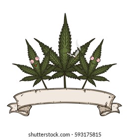 Three cannabis leafs with  vintage scroll. Cartoon comic character.