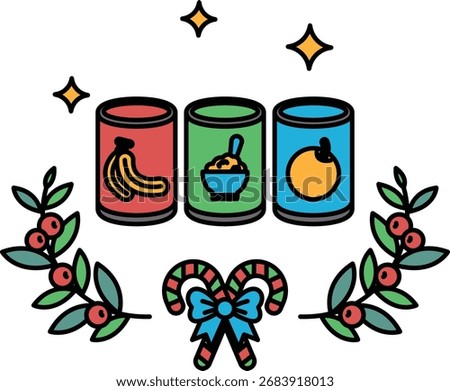 Three cans of food are shown in a wreath. The cans are labeled with different food items, including bananas, soup, and canned fruit. The wreath is decorated with leaves and a bow, giving it a festive