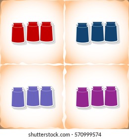 Three cans milk. Flat sticker with shadow on old paper. Vector illustration