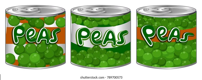 Tres latas de guisantes con diferentes ilustraciones de logotipo