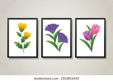 Three canvas paintings featuring abstract floral backgrounds and dahlia blooms for living room, dining, or office decor.