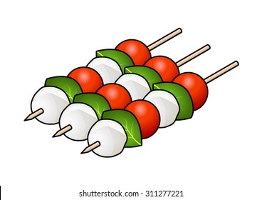 Three Caprese salad sticks - cherry tomato, bocconcini/mozarella, and basil leaves.