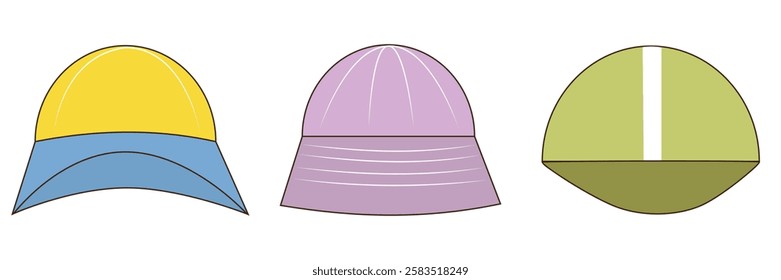 Three caps in yellow, purple, and green designs. Vector illustration.