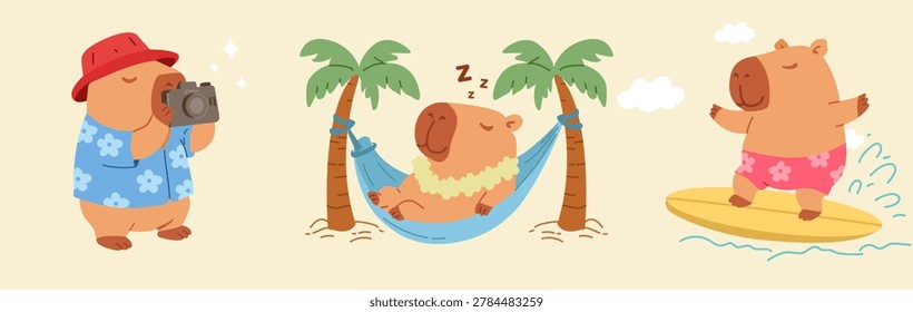 Three capybaras enjoying summer vacation, taking photos, surfing, and sleeping in hammocks vector illustration
