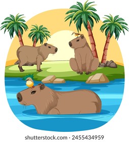 Three capybaras enjoying a sunny day by the water.